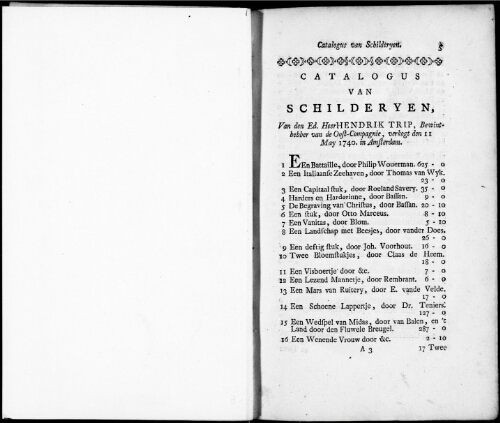 Catalogus van Schilderyen van den Ed. Heer Hendrik Trip [...] : [vente du 11 mai 1740]