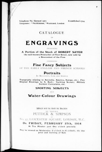 Catalogue of engravings including a portion of the stock of Robert Sayer [...] : [vente du 27 février 1914]