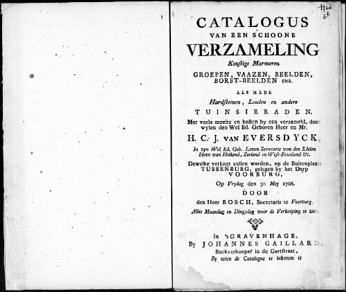 Catalogus van een schoone Verzameling konstige marmeren Groepen, Vaazen, Beelden, Borst-beelden [...] : [vente du 30 mai 1766]