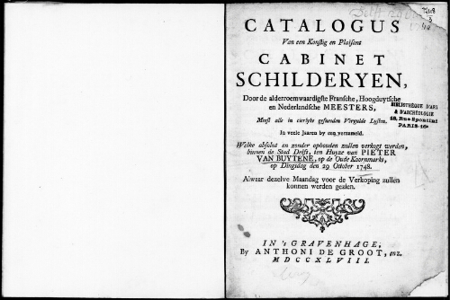 Catalogus van een Konstig en Plaisant Cabinet Schilderyen [...] van Pieter van Buytene : [vente du 29 octobre 1748]