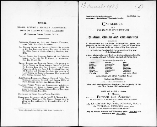Catalogue of valuable collection of violins, violas and violoncellos [...] : [vente du 13 décembre 1923]