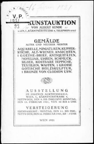 Gemälde alter und neuerer Meister: Aquarelle, Miniaturen, Kupferstiche, Alt-Wiener Ansichten [...] : [vente du 14 au 16 février 1921]