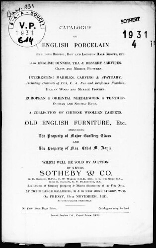 Catalogue of English porcelain [...], the property of Major Geoffrey Elves and the property of Mrs. Ethel M. Doyle : [vente du 13 novembre 1931]