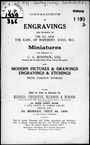 Catalogue of engravings [...] : [vente du 24 juillet 1939]