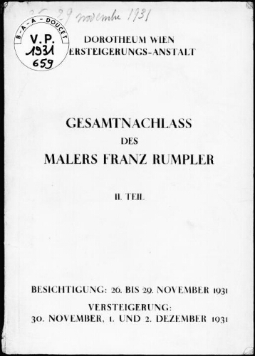 Gesamtnachlass des Malers Franz Rumpler, II. Teil : [vente du 30 novembre au 2 décembre 1931]