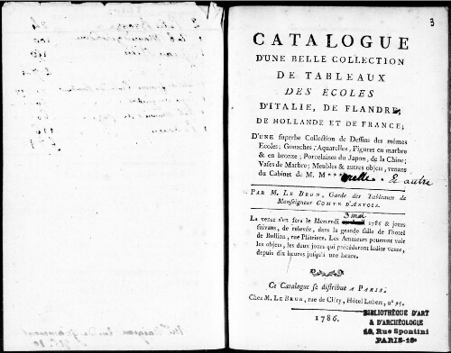 Catalogue d'une belle collection de tableaux des écoles d'Italie, de Flandre, de Hollande et de France [...] : [vente du 3 mai 1786]