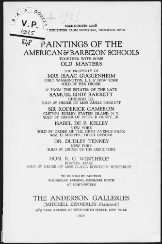 Paintings of the American and Barbizon schools [...], the property of Mrs. Isaac Guggenheim [...] : [vente du 9 décembre 1925]