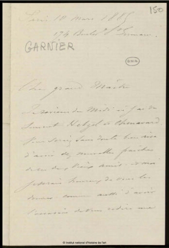 Lettre de Garnier à Jean-Louis-Ernest Meissonier, 10 mars 1885