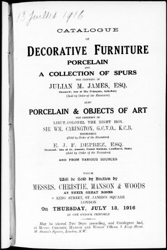 Catalogue of decorative furniture, porcelain and a collection of spurs [...] : [vente du 13 juillet 1916]