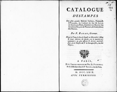 Catalogue d'estampes des plus grands maîtres italiens, flamands et français, du cabinet de feu M. Louis de Surugue [...] : [vente du 20 novembre 1769]