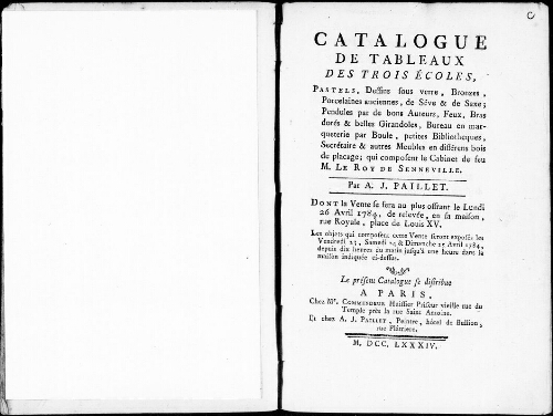 Catalogue de tableaux des trois écoles, pastels, dessins sous verre, bronzes [...] : [vente du 26 avril 1784]