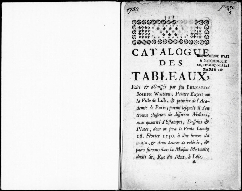 Catalogue des tableaux faits et délaissés par feu Bernard-Joseph Wampe [...] : [vente du 16 février 1750]