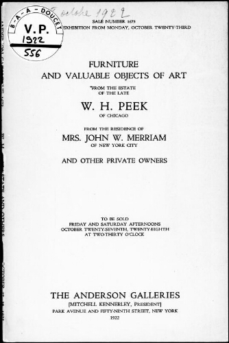 Furniture and valuable objects of art from the estate of the late W. H. Peek, of Chicago [...] : [vente des 27 et 28 octobre 1922]