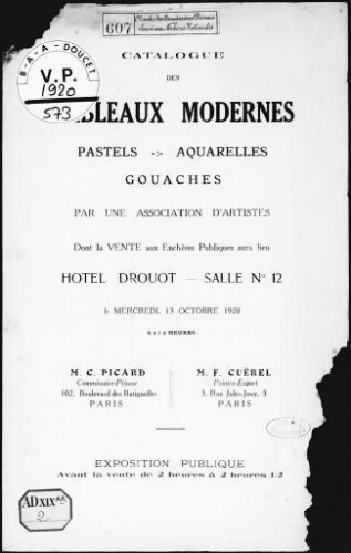 Catalogue des tableaux modernes, pastels, aquarelles, gouaches, par une association d'artistes [...] : [vente du 13 octobre 1920]