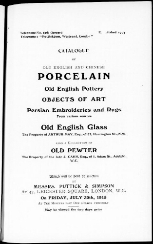Catalogue of old English and Chinese porcelain […] : [vente du 30 juillet 1915]