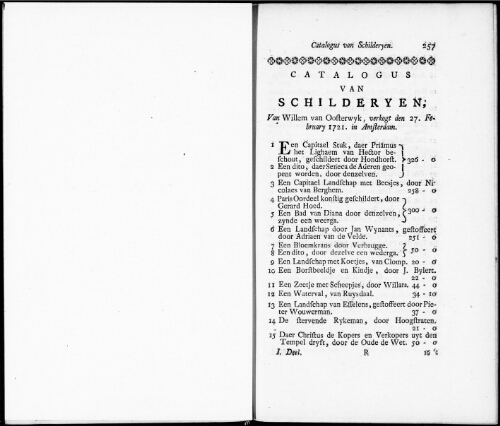 Catalogus van Schilderyen van Willem van Oosterwyk [...] : [vente du 27 février 1721]