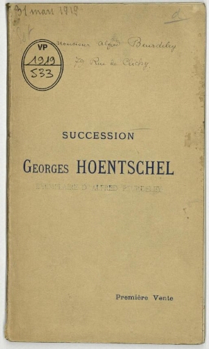 Succession Georges Hoentschel. 1re vente [...] : [vente du 31 mars au 2 avril 1919]