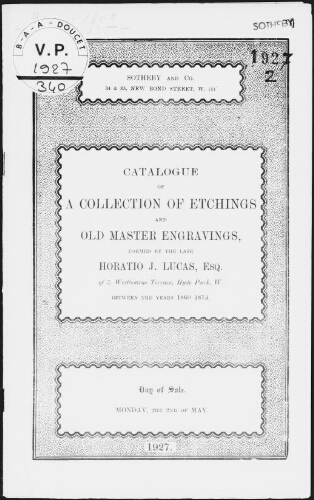 Catalogue of a collection of etchings and old master engravings formed by the late Horatio J. Lucas [...] : [vente du 2 mai 1927]