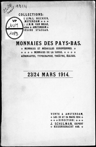 Catalogue d'une collection intéressante de monnaies des Pays-Bas [...] : [vente du 23 mars 1914]