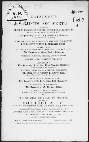 Catalogue of objects of vertu [...], the property of the Lady Kathleen Pilkington [...] : [vente du 1er décembre 1927]