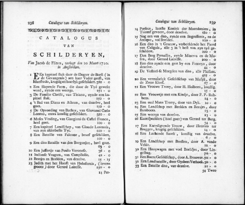 Catalogus van Schilderyen van Jacob de Flines [...] : [vente du 20 mars 1720]