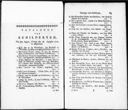 Catalogus van Schilderyen van Jan Agge [...] : [vente du 16 août 1702]