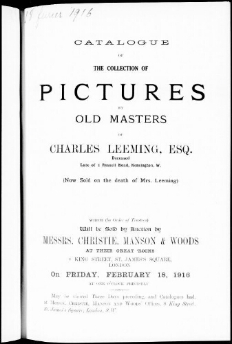 Catalogue of the collection of pictures by old masters [...] : [vente du 18 février 1916]