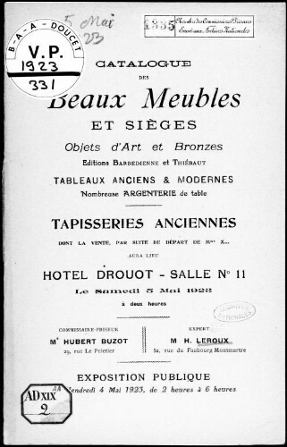 Catalogue des beaux meubles et sièges, objets d'art et bronzes, éditions Barbédienne et Thiébaut [...] : [vente du 5 mai 1923]