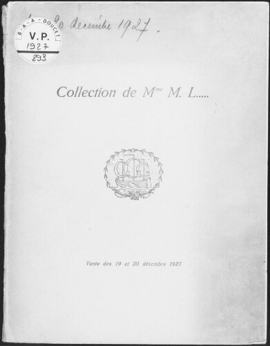 Collection de Mme M. L... : [vente des 19 et 20 décembre 1927]