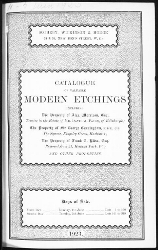 Catalogue of valuable modern etchings, including the property of Alex Morrison, Esq. [...] : [vente du 4 juin 1923]