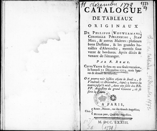 Catalogue de tableaux originaux de Philippe Woumermans, Corneille Poelenburg, Jean Miel et autres maîtres [...] : [vente du 11 décembre 1773]
