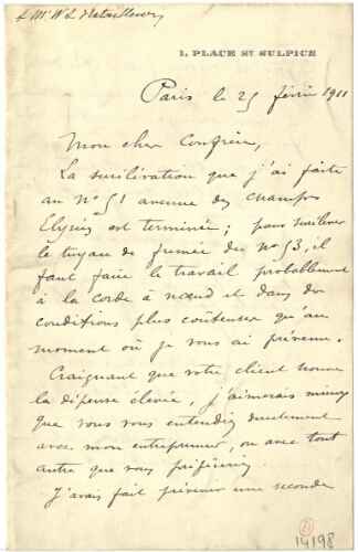 Lettre de Jean Camille Formigé à Walter André Destailleur, 25 février 1911