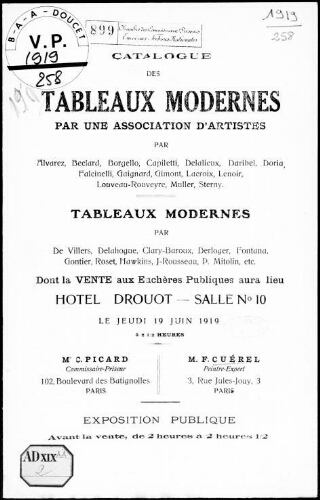 Catalogue des tableaux modernes par une association d'artistes [...] : [vente du 19 juin 1919]