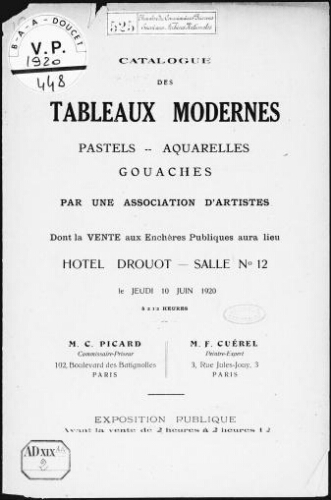 Catalogue des tableaux modernes, pastels [...] : [vente du 10 juin 1920]