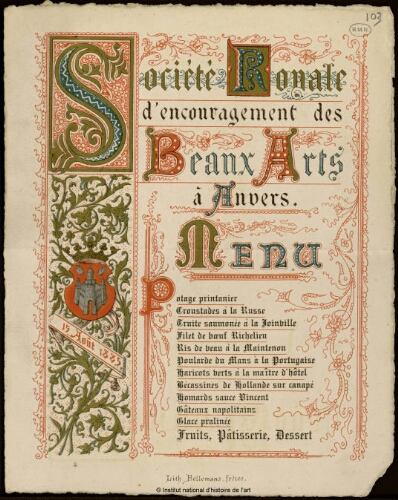 Menu de la Société Royale d'encouragement des Beaux-Arts à Anvers, 15 août 1885