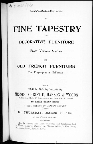 Catalogue of fine tapestry [...] : [vente du 11 mars 1920]