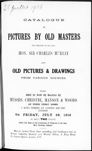 Catalogue of pictures by old masters […] : [vente du 28 juillet 1916]