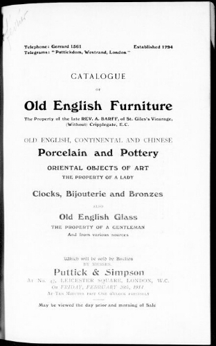 Catalogue of old English furniture [...] : [vente du 20 février 1914]