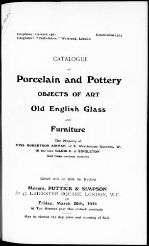Catalogue of porcelain and pottery, objects of art, old English glass and furniture [...] : [vente du 20 mars 1914]