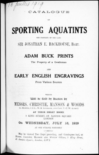 Catalogue of sporting aquatints [...] : [vente du 16 juillet 1919]