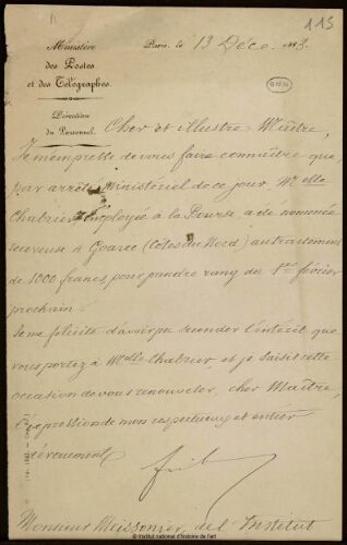 Lettre du Ministère des Postes et des Télégraphes à Jean-Louis-Ernest Meissonier, 13 décembre 1883