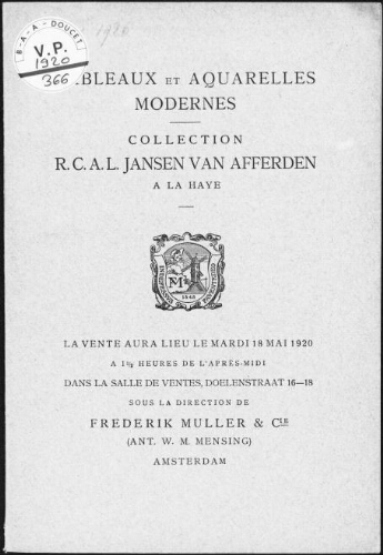 Tableaux et aquarelles modernes. Collection R. C. A. L. Jansen Van Afferden, à La Haye : [vente du 18 mai 1920]