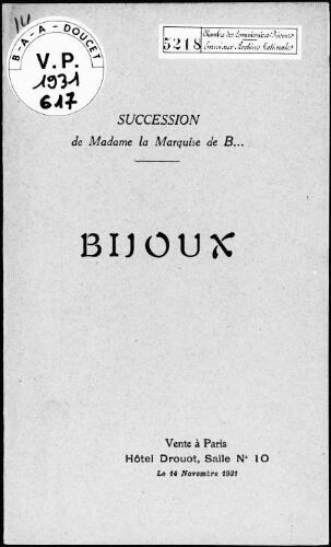 Succession de Madame la Marquise de B..., bijoux : [vente du 14 novembre 1931]