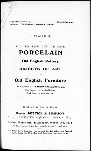 Catalogue of old English and Chinese porcelain [...] : [vente du 6 mars 1914]