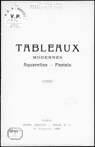 Tableaux modernes, aquarelles, pastels : [vente du 10 novembre 1920]