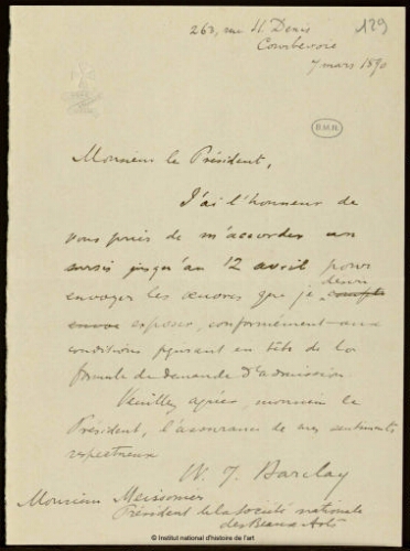 Lettre de W. J. Barclay (?) à Jean-Louis-Ernest Meissonier, 7 mars 1890