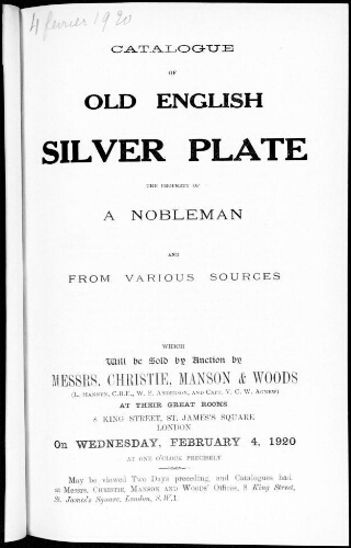 Catalogue of old english silver plate [...] : [vente du 4 février 1920]