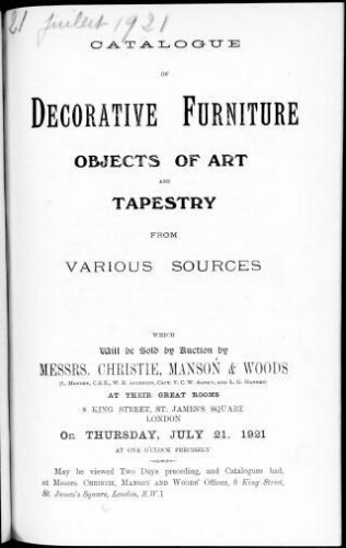Catalogue of decorative furniture, objects of art and tapestry from various sources [...] : [vente du 21 juin 1921]