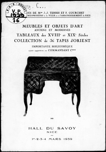 Catalogue des meubles et objets d'art anciens et modernes […] : [vente du 1er au 4 mars 1939]