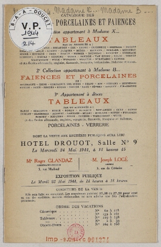 Catalogue des tableaux, porcelaines et faïences [...] Tableaux [...] : [vente du 24 mai 1944]